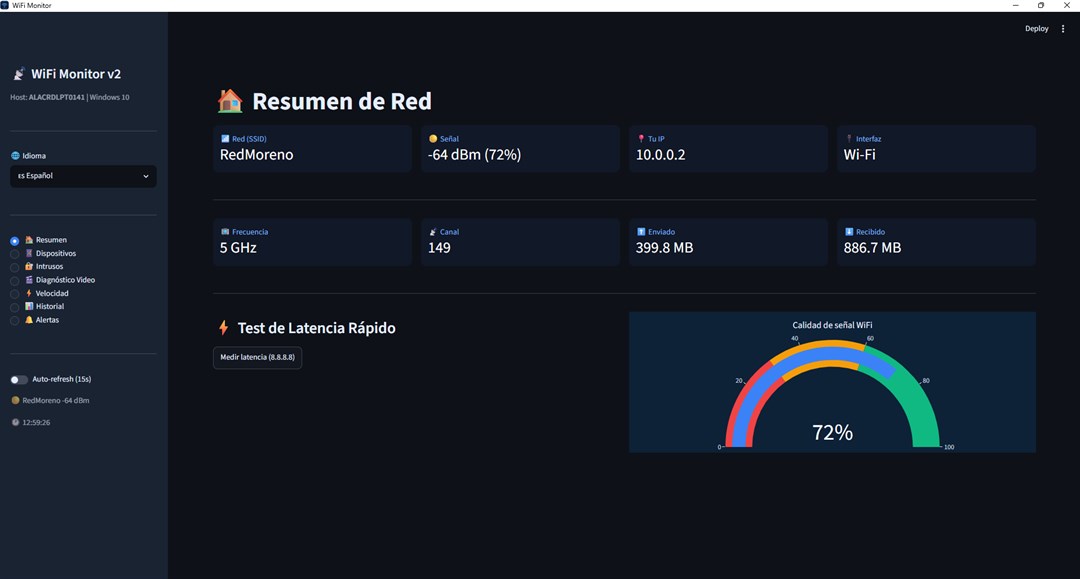 Resumen de red: red conectada, banda, IP y test de latencia