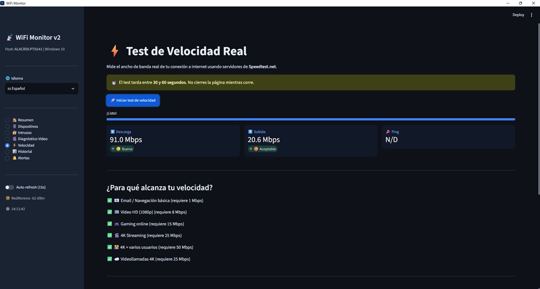 Test de velocidad real: descarga, subida y ping